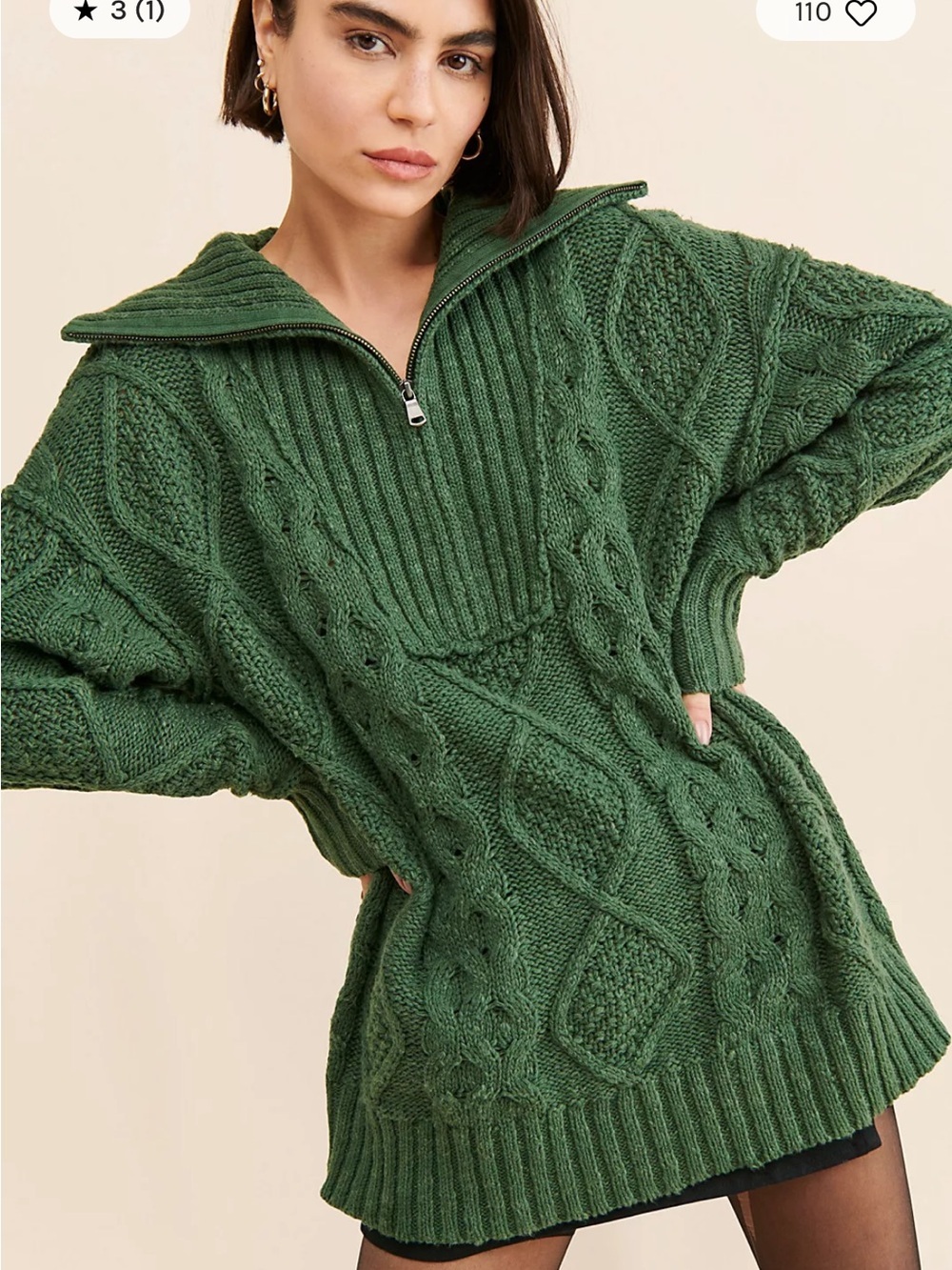 Free People Olive Green Cable-Knit Half-Zip pop Sweater